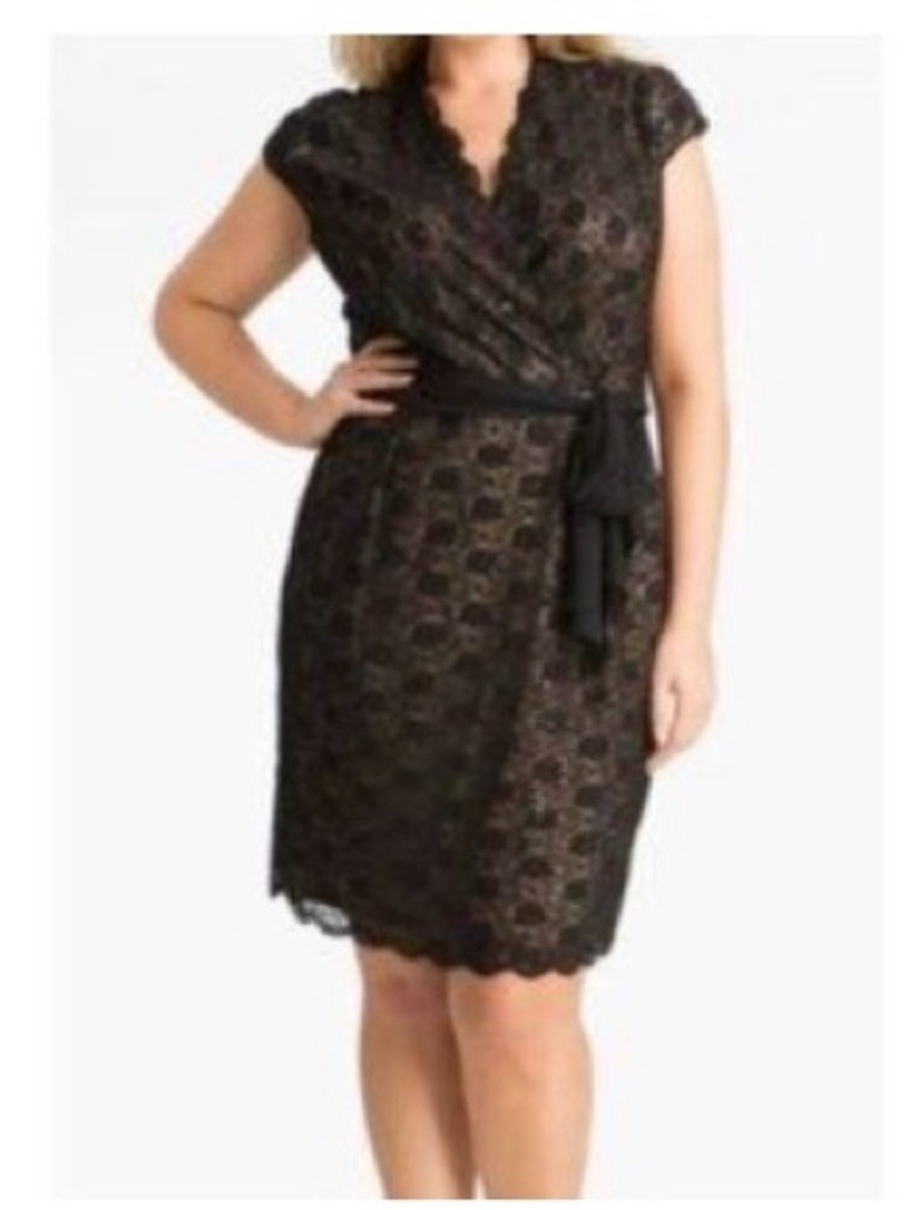 Alex Evenings Black Tan Sequin Lace Overlay Knee Length Wrap Dress Size 20W